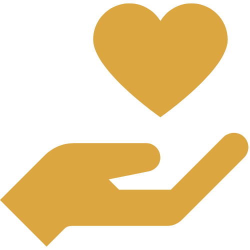 A golden hand cupping a golden heart, symbolizing love, care, and compassion.